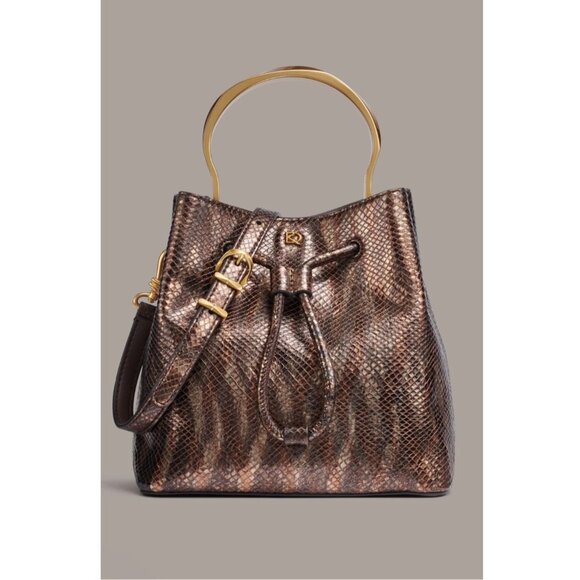 Donna Karan Drawstring Bucket Bag With Metallic Snake Print Leather - Picture 3 of 16